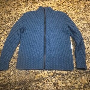 South Wool Blue 100% Alpaca Hand Knitted Cable Knit Full Zip Sweater Womens L